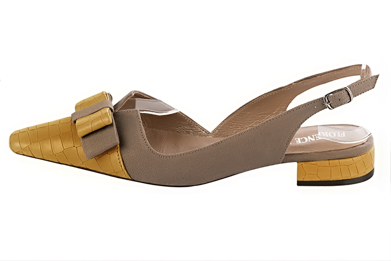 Mustard yellow and taupe brown women's open back shoes, with a knot. Tapered toe. Flat block heels. Profile view - Florence KOOIJMAN